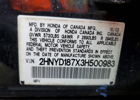 2003 Acura Mdx Touring z USA, uszkodzony, nr VIN 2HNYD187X3H500983